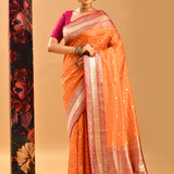 Tangerine Orange Banarasi Silk Saree With Checks