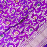Purple Banarasi Silk Saree With Gold Zari Floral Medallion Jaal And Chevron Border