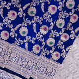 Royal Blue Banarasi Silk Saree With Silver Zari Floral Jaal Weave