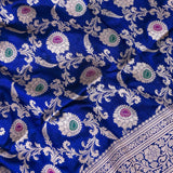 Royal Blue Banarasi Silk Saree With Silver Zari Floral Jaal Weave