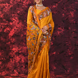 Amber Yellow Embroidered Tussar Saree