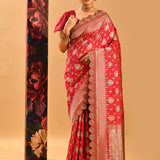 Crimson Red Floral Butti Banarasi Silk Saree With Scalloped Border