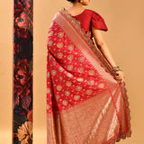 Crimson Red Floral Butti Banarasi Silk Saree With Scalloped Border