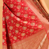 Crimson Red Floral Butti Banarasi Silk Saree With Scalloped Border