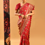 Crimson Red Floral Butti Banarasi Silk Saree With Scalloped Border