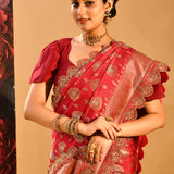 Crimson Red Floral Butti Banarasi Silk Saree With Scalloped Border