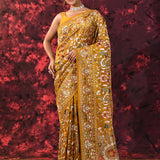 Dark Yellow Floral Embroidered Silk Blend Saree