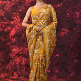 Dark Yellow Floral Embroidered Silk Blend Saree