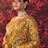 Dark Yellow Floral Embroidered Silk Blend Saree