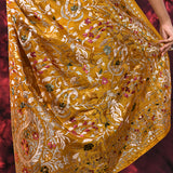 Dark Yellow Floral Embroidered Silk Blend Saree