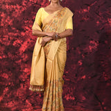 Beige Yellow Embroidered Silk Blend Saree