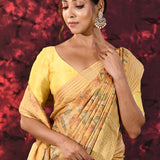 Beige Yellow Embroidered Silk Blend Saree