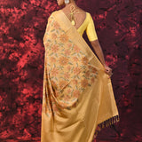 Beige Yellow Embroidered Silk Blend Saree