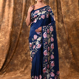 Dark Blue Embroidered Silk Blend Saree