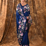 Dark Blue Embroidered Silk Blend Saree