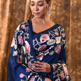 Dark Blue Embroidered Silk Blend Saree