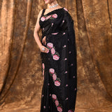 Black Floral Embroidered Silk Saree