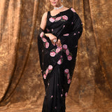 Black Floral Embroidered Silk Saree