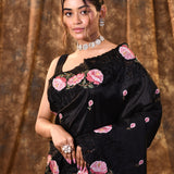 Black Floral Embroidered Silk Saree