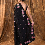 Black Floral Embroidered Silk Saree