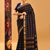 Midnight Blue Woven Checks Mysore Crepe Saree