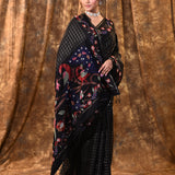 Black Embroidered Tussar Silk Saree