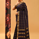 Midnight Blue Woven Checks Mysore Crepe Saree