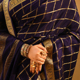 Midnight Blue Woven Checks Mysore Crepe Saree
