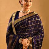 Midnight Blue Woven Checks Mysore Crepe Saree