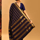 Midnight Blue Woven Checks Mysore Crepe Saree