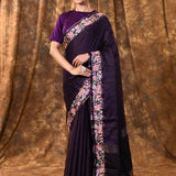 Dark Purple Embroidered Tussar Saree