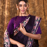 Dark Purple Embroidered Tussar Saree