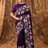 Dark Purple Embroidered Silk Blend Saree