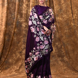Dark Purple Embroidered Silk Blend Saree