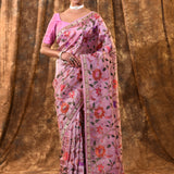 Taffy Pink Floral Embroidered Silk Blend Saree