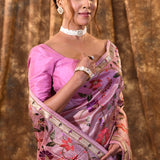 Taffy Pink Floral Embroidered Silk Blend Saree
