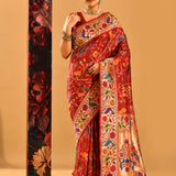 Red Banarasi Silk Saree With Ikat Print And Gold Peacock Border