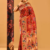 Red Banarasi Silk Saree With Ikat Print And Gold Peacock Border