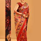 Red Banarasi Silk Saree With Ikat Print And Gold Peacock Border