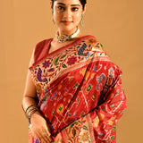 Red Banarasi Silk Saree With Ikat Print And Gold Peacock Border