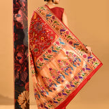 Red Banarasi Silk Saree With Ikat Print And Gold Peacock Border