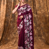Plum Purple Embroidered Silk Blend Saree