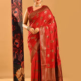 Ruby Red Floral Butta Banarasi Silk Saree