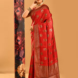 Ruby Red Floral Butta Banarasi Silk Saree