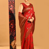 Ruby Red Floral Butta Banarasi Silk Saree