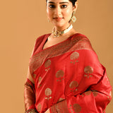 Ruby Red Floral Butta Banarasi Silk Saree