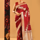 Deep Red With Gold Leaf Butti And Scalloped Gold Zari Pallu Banarasi Silk Saree