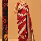 Deep Red With Gold Leaf Butti And Scalloped Gold Zari Pallu Banarasi Silk Saree