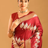 Deep Red With Gold Leaf Butti And Scalloped Gold Zari Pallu Banarasi Silk Saree