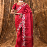 Dark Magenta Pink Embroidered Tussar Saree